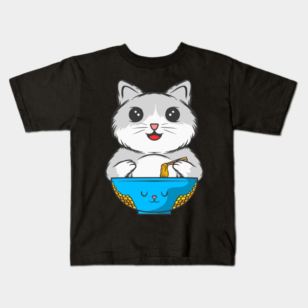 Noodle-Loving Kitty: Cat-Inspired Noodle Bowl Set Kids T-Shirt by Hashed Art